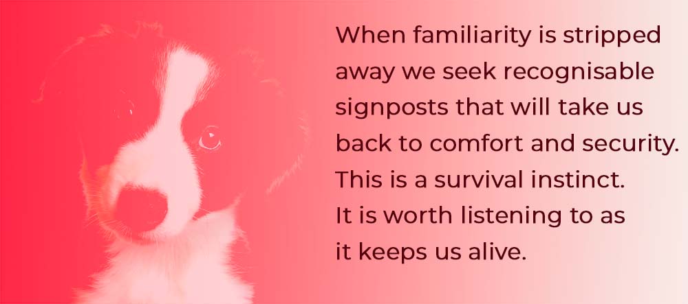 When familiarity is stripped away we seek recognisable signposts that will take us back to comfort and security. This is survival instinct. It is worth listening to as it keeps us alive. 